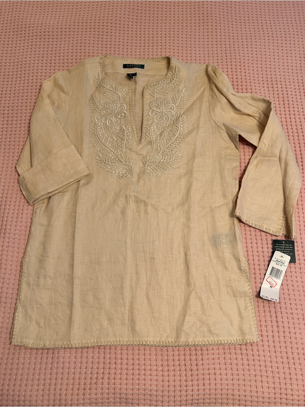 NWT Ralph Lauren Beige Embroidered Linen Button-Down Tunic Shirt